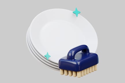 Preview: Stacked white plates with cleaning brush