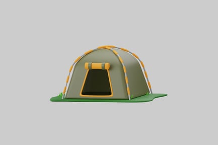 Preview: Triangular camping tent with orange poles and striped panels