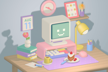 Visualização: Espaço de trabalho aconchegante em tons pastel