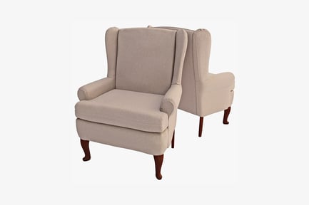 Preview: Upholstered armchairs with dark wood legs (side view)