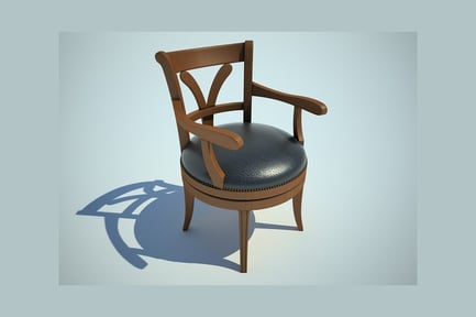 Curved wooden armchair with black leather seat