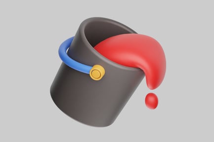 Preview: Grey bucket with blue handle and yellow knob, spilling red liquid.
