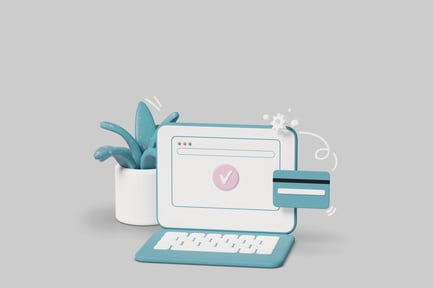 Preview: Modern digital office with computer, keyboard, credit card and plant.